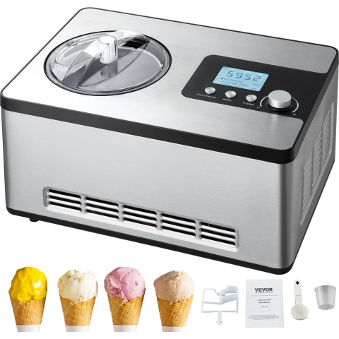 VEVOR Compressor IJsmachine 2L, 180W Bevroren Yoghurtmachine IJsmachine 3 Standen Yoghurtmachine Huishoudelijk, Draagbare IJsmachine Sorbet Gelato Laag Geluidsniveau Zilver Elektrisch