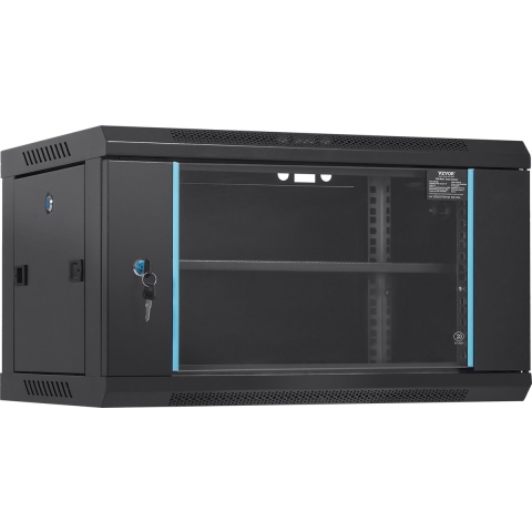 VEVOR 6U wandgemonteerde netwerkserverkast, 15,5 inch diep, serverrackbehuizing, max. 200 lbs. vloergemonteerd laadvermogen, met afsluitbare glazen deur en zijpanelen, voor IT-apparatuur, audiovisuele apparatuur