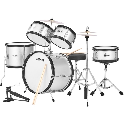 VEVOR 5-delige drumset, inclusief 16" basdrum, 10" snaredrum, 8" & 10" tomtoms, 13" floortom, 10" crashbekken en 8" hihat, voor kinderen van 6-13 jaar, zilver