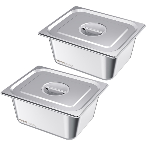 VEVOR Gastronormbak Hotelpan (1/2 maat) 2-pack 9 L, herbruikbare bakjes (148 mm diep), roestvrijstalen cateringopslag, paneermeelbak, voedselcontainer met deksel voor feestbuffet