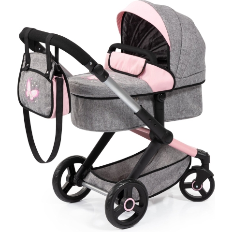 Bayer Design Xeo - Combi Poppenwagen - Verstelbare duwstang - Jeans-grijs roze