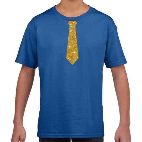 Verkleedkleding t-shirt - blauw - met kleine Stropdas - goud glitters - kinderen - carnaval XS (110-116) -