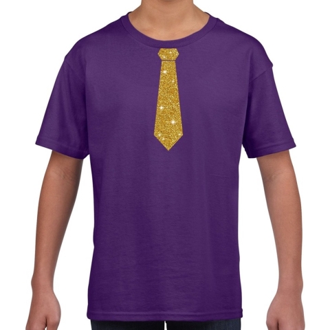 Verkleedkleding t-shirt - paars - met kleine Stropdas - goud glitters - kinderen - carnaval XL (158-164) -