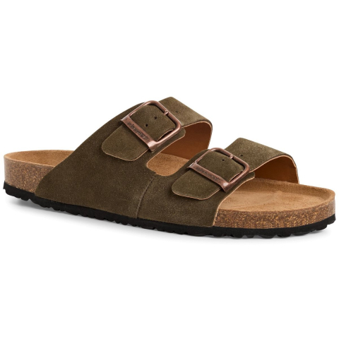 Tamaris herenslippers van olijfgroen leer met instapzool en voetbed.