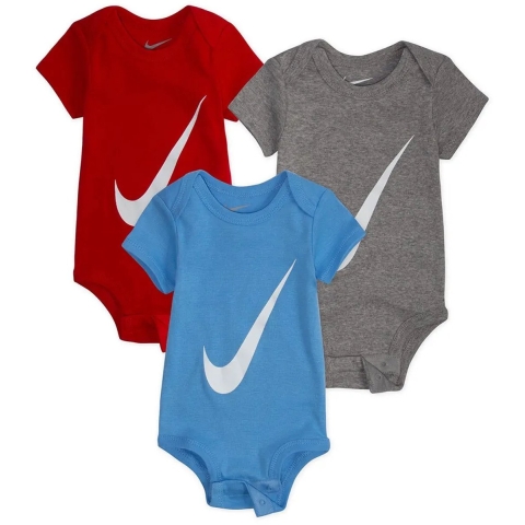 Nike Rompers s/s - Swoosh - 3-pack - Rood/Blauw/Grijs - Nike - 6-12 mnd - Romper S/S
