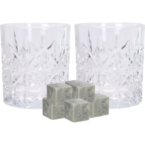 Luxe whiskyglazen set 4x stuks 230 ml met 9x whisky ijsblokstenen -