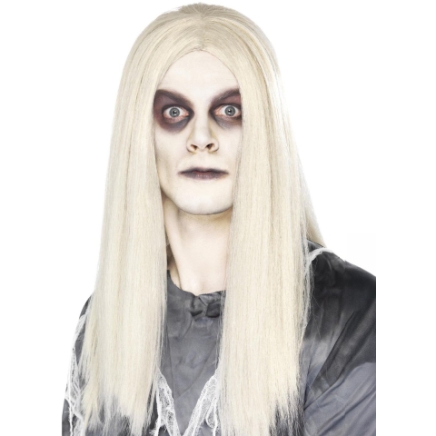 Carnaval verkleed horror Spook/zombie pruik - lang wit haar - voor volwassenen -