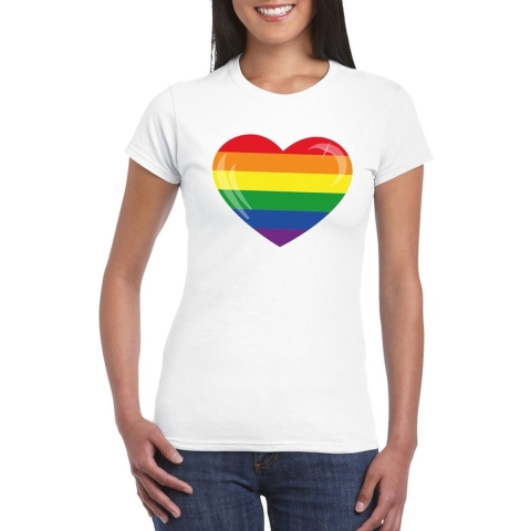 T-shirt met Regenboog vlag in hart wit dames M -