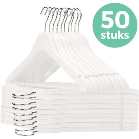 LifeGoods Kledinghangers - Met Broeklat - Hardhout - Wit - 50 Stuks