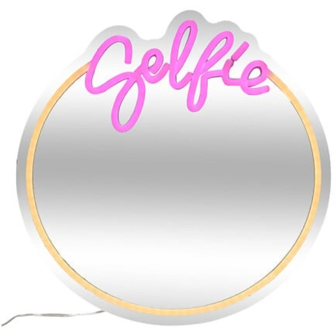 Neon Wandspiegel Selfie - rond - roze - oplaadbaar - D35 cm - decoratie spiegel -