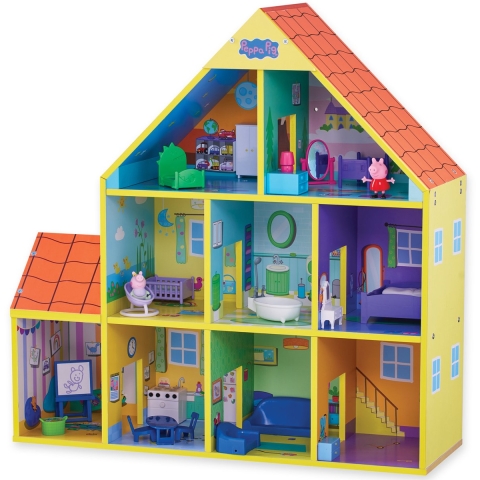 Peppa Pig - Groot houten Speelhuis Speelset - 65 cm - 9 kamers en 18 accessoires