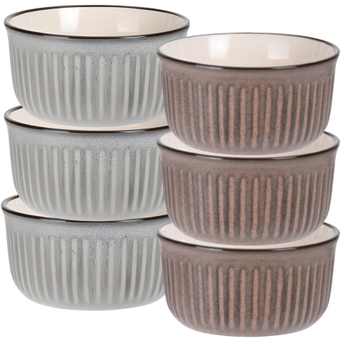 Soepkom Striped - set 6x - bruin / grijs - 14 x 7 cm - keramiek - kom -