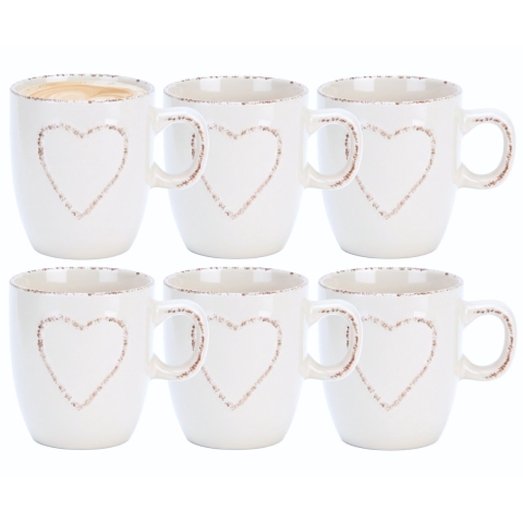 Siaki mokken set Heart - 6x - wit - 150 ml - koffie / thee - keramiek -
