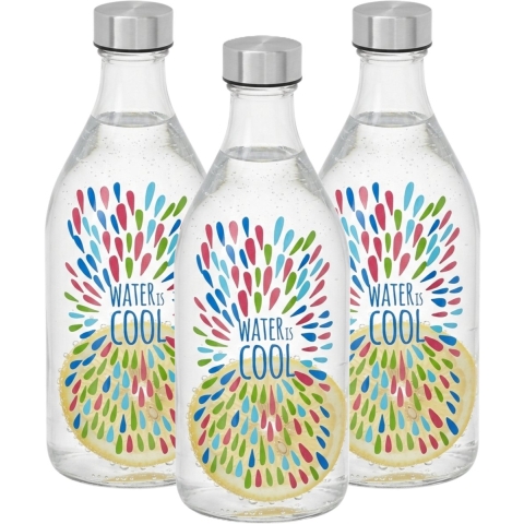 Vivalto Waterfles / drinkfles Summer - 6x - glas - transparant - met RVS dop - 1000 ml -