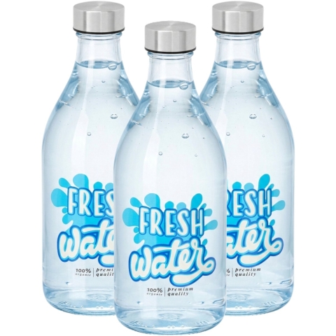 Vivalto Waterfles / drinkfles Fresh - 6x - glas - transparant - met RVS dop - 1000 ml -