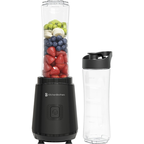 KitchenBrothers Mini Blender - Blender to Go - Smoothie Maker - 2 To-Go Bekers 600 ml - Zwart