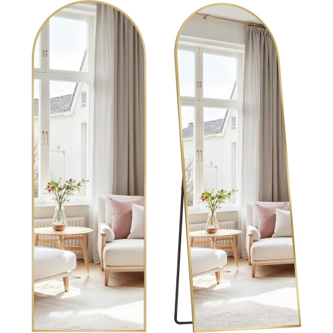 SONGMICS - Grote spiegel - 160 x 50 cm - gebogen spiegel met standaard - aluminium frame - gehard glas - goudkleurige rand