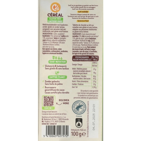 5x Céréal Melkchocolade Tablet Hazelnoot Glutenvrij en Lactosevrij 100 gr