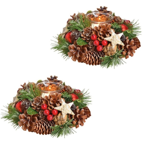 Kerststukje - 3x stuks - krans - met windlichtje - 17 cm - tafeldecoratie -