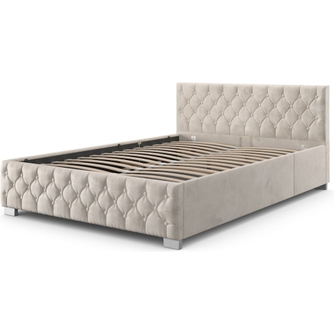 Gestoffeerd Bed Nizza - 120 x 200 cm - Beige - LED Verlichting & Bedlade