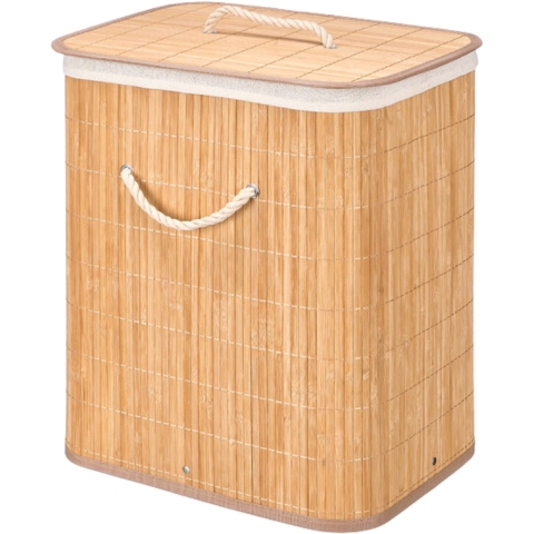 Wasmand van bamboe - wit / bruin - 60 liter - 40 x 30 x 50 cm - met deksel -