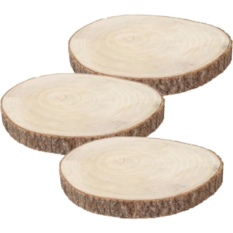 Decoratie boomschijf met schors - 3x - hout - D34 x H4 cm - rond -