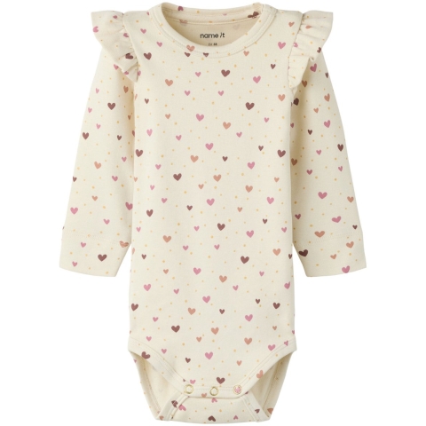 Name It Romper l/s - Katoen/Modaal - NbfHayla - Amandelmelk m. G - Name It - 68 - Rompers Lange Mouw