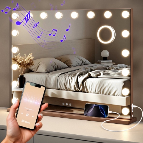 Mirlux Hollywood Spiegel 80x60CM - 18 LED-lampen - Bluetooth Speakers - Rosé Goud