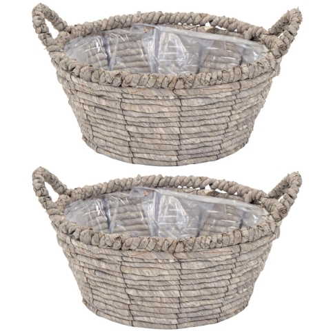 Mega Collections Opbergmand Sneek - 2x - grijs - riet - D33 x H15 cm -