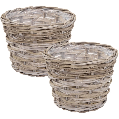 Mega Collections opbergmand Koudum - 2x - rotan - D35 x H25 cm - lichtbruin/grijs -