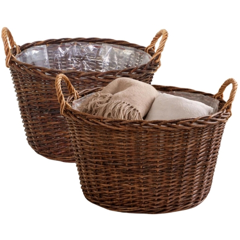 Mega Collections opbergmand Santa Fe - 2x - rotan - D52 x H33 cm - met handgreep -