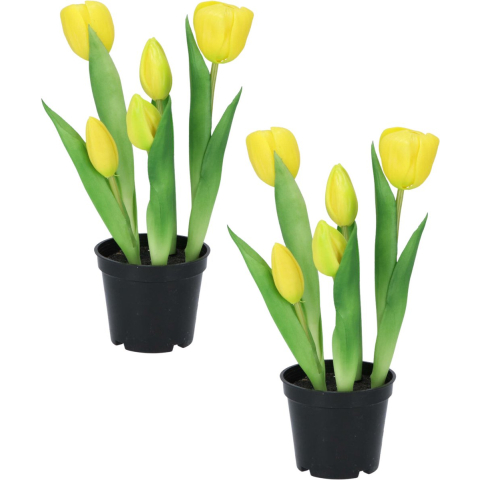 Kunst tulpen Holland in pot - 2x stuks - geel - real touch - 26 cm -