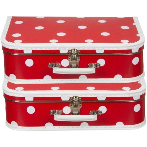 Kinderkamer opberkoffer polkadot - 2x - rood / wit - 35 cm - karton - kinderkoffer - speelkoffer -