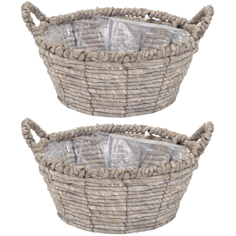 Mega Collections Opbergmand Sneek - 2x - grijs - riet - D25 x H11 cm -