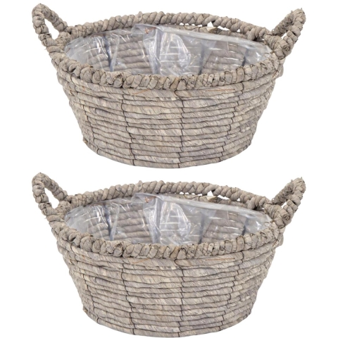 Mega Collections Opbergmand Sneek - 2x - grijs - riet - D29 x H13 cm -