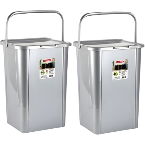Plasticforte Recycling afvalbak - 2x - zilvergrijs - 45 Liter - afsluitbaar - 34 x 40 x 54 cm - deks -
