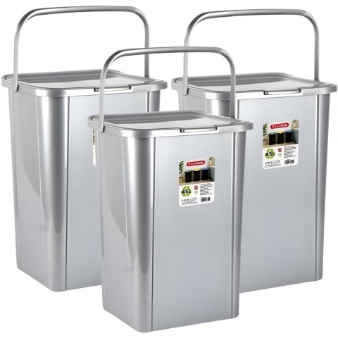 Plasticforte Recycling afvalbak - 3x - zilvergrijs - 45 Liter - afsluitbaar - 34 x 40 x 54 cm - deks -