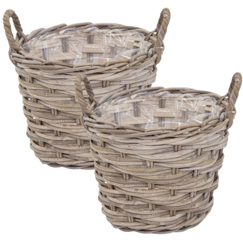 Mega Collections opbergmand Heeg - 2x - rotan - D39 x H31 cm - lichtbruin/grijs -