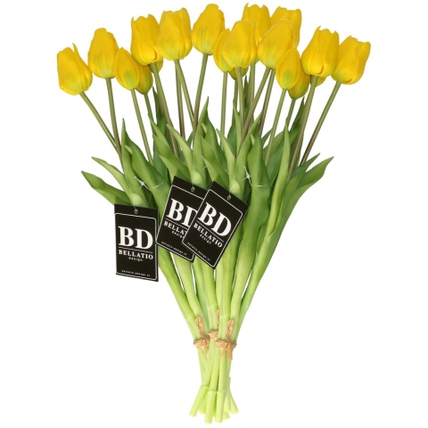 Kunst tulpen boeket Sally - 21x stuks - geel - real touch - 47 cm - kunst zijdebloemen -