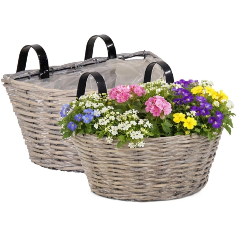 Mega collections Balkon plantenmand - 2x - grijs - wilg - L35 x B20 cm - bloempot/plantenpot -