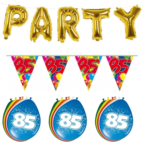 Folat Verjaardag feestversiering 85 jaar - PARTY letters - 16x ballonnen - met 2x plastic vlaggetjes -