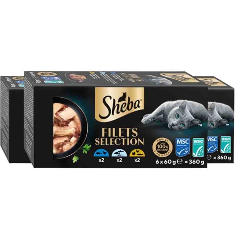 3x Sheba Kattenvoer Nat Filets Witte Vis in Saus Multipack 6x60 gr