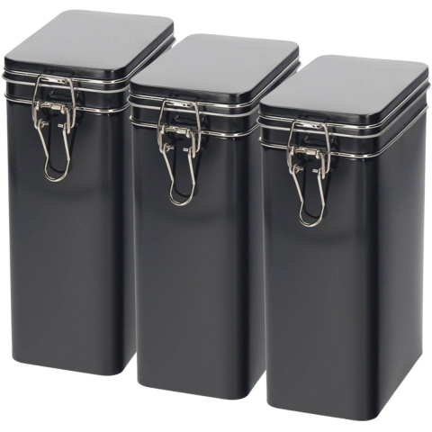 Koffieblik / bewaarblik - 3x - zwart - beugelsluiting - 12 x 8 x 20 cm - rechthoekig -