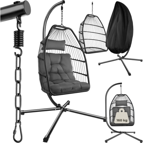 tectake® Ariane - Luxe Hangstoel - Opvouwbaar en draaibaar - Dikke kussens - Donkergrijs
