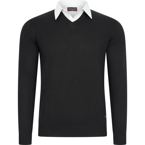 Cappuccino Italia Mock Pullover - Heren Trui met Overhemdkraag - Zwart - Maat XL