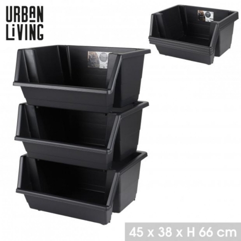 Urban Living Speelgoed opberg bakken - stapelbaar - 3x stuks - 45 x 66 cm - zwart -