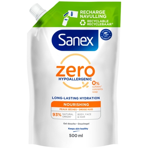 12x Sanex Douchegel Navulzak Zero% Nourishing 500 ml