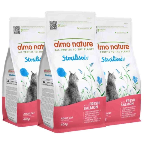 3x Almo Nature Kattenvoer Droog Sterilised Zalm 400 gr