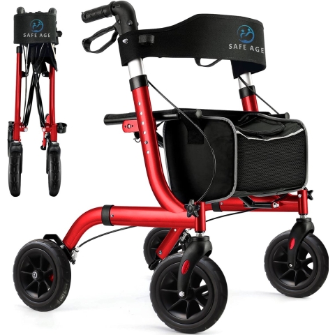 Safe Age® Rollator - Lichtgewicht opvouwbaar - Gevoerde zitting rugleuning - Rood