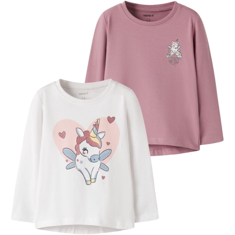 Name It Shirt - 2-pack - NmfVix - Bright White/Paars Unicorn - Name It - 2 jaar (92) - Shirts